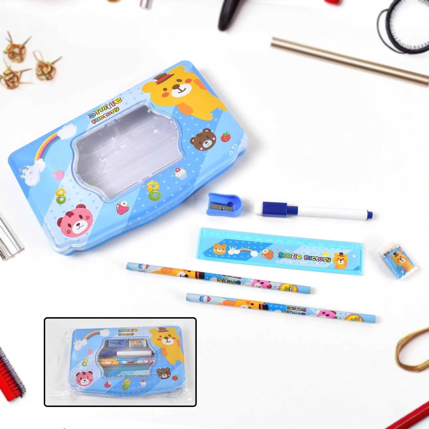 Cartoon Metal Compass Box for Kids with Stationery (6 Pc Set) Cartoon Metal Compass Box for Kids with Stationery (6 Pc Set)
